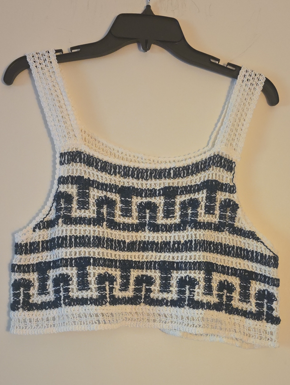 Boho Crochet Crop Top - White & Navy Geometric